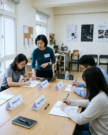 小型工作坊：講師在長桌旁俯身指導學員書寫
