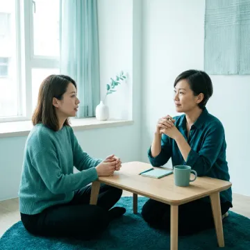 一對一引導：療癒師與個案隔著矮桌對談