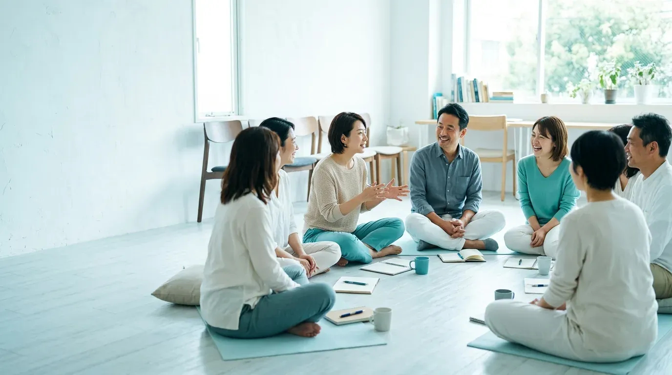 明亮教室裡，一群學員席地圍坐交流